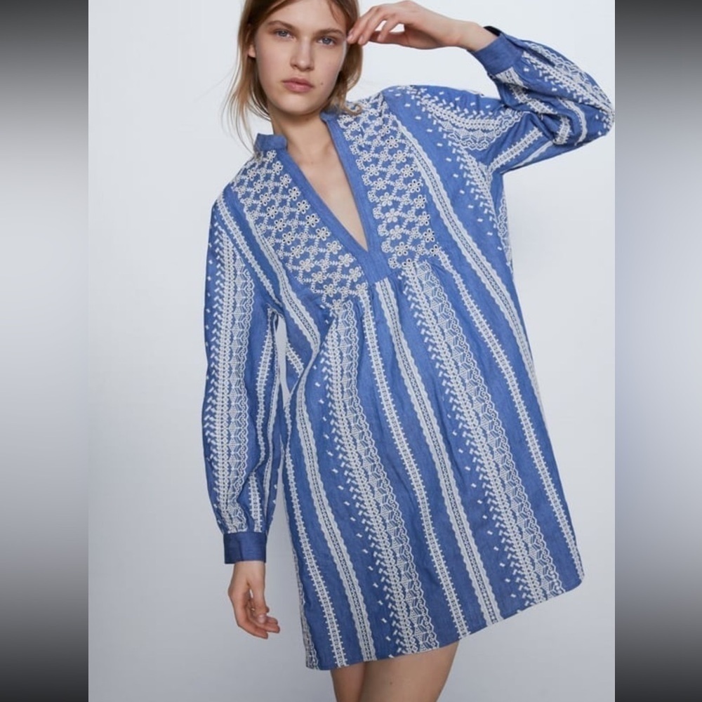 ✅ Zara blue embroidered bohemian hippie mini dress long sleeve size M
